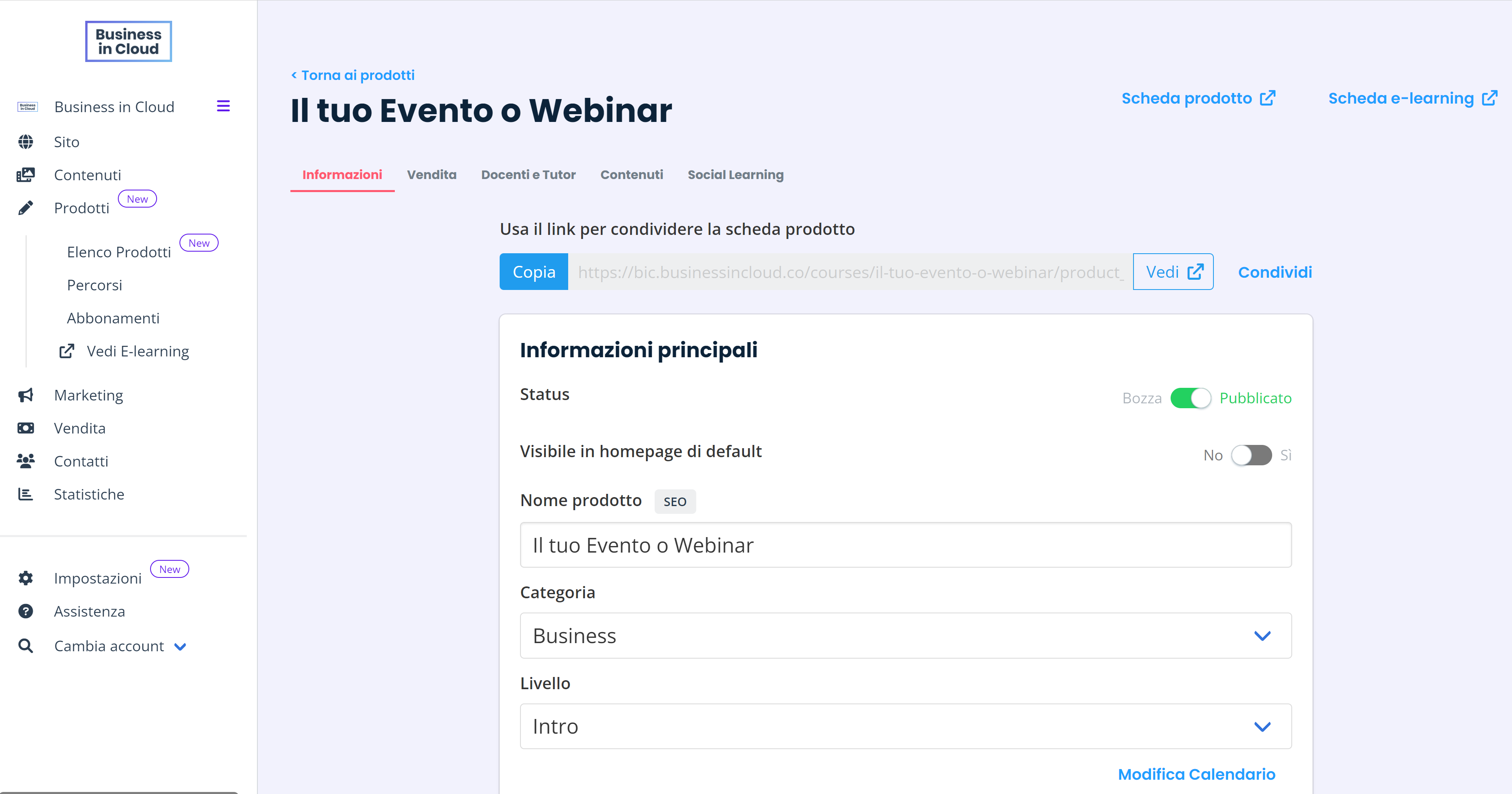 pannello di controllo di business in cloud per la creazione di un evento live